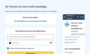 Benutzeroberfläche einer Website mit einem Anmeldeformular, das Felder für E-Mail-Adresse oder Telefonnummer und Passwort enthält, sowie Schaltflächen zum Speichern der Anmeldedaten und zum Anmelden. Rechts befindet sich ein Informationsbereich mit einem Logo und Text.