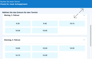 Screenshot einer Webseite mit einem blauen Header und einer Tabelle zur Auswahl von Terminen. Die Tabelle zeigt verfügbare Zeiten für Montag, 3. Februar, und Dienstag, 4. Februar.