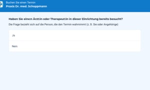 Blauer Kopfbereich mit weißem Text, darunter eine Frage mit zwei Antwortmöglichkeiten: "Ja" und "Nein".
