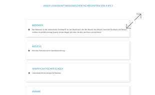 Eine Webseite mit blauen Überschriften und Textfeldern auf weißem Hintergrund.