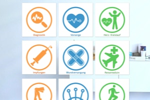 Neun bunte Symbole in einem Raster, die medizinische Themen darstellen, darunter Herz, Spritze und Kreuz.
