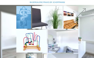 Collage von Bildern, darunter ein medizinisches Symbol, ein Stuhl, eine Pflanze, ein Holzspielzeug, ein Behandlungsraum und ein Wartebereich.