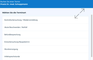 Screenshot einer Webseite mit blauem Header und einer Liste von Themen: "Familienversicherung / Mitgliedermeldung", "Arzt, Krankenhaus, Vorteil", "Behandlungsvertrag", "Krankenversicherung Neugeborene", "Mutterschaftsgeld", "Pflegeversicherung".