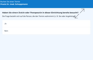 Ein Umfrageformular mit der Frage "Haben Sie einen Termin oder Hausapotheke in dieser Einrichtung bereits besucht?" und den Antwortoptionen "Ja" und "Nein".