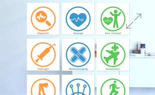 Neun bunte Symbole in einem Raster, die verschiedene medizinische Themen darstellen, darunter Herz, Spritze und Kreuz.